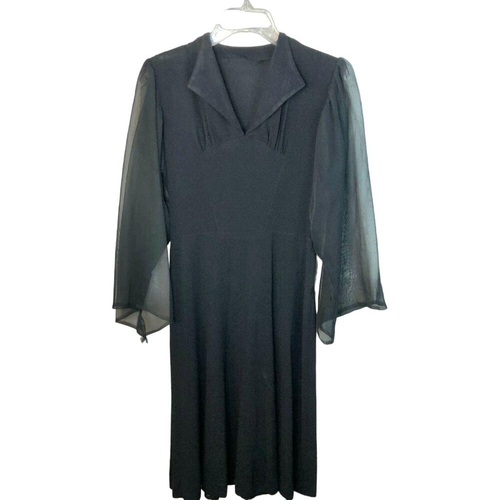 Vintage Black Dress With Sheer Long Sleeves & Collared Neckline Elegant Design
